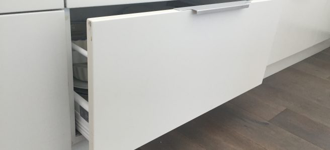 open drawer, kitchen, white, melamine | See more at www.diywoman.net