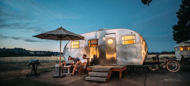 Caravan, camping, umbrella, man, woman | See more at www.diywoman.net