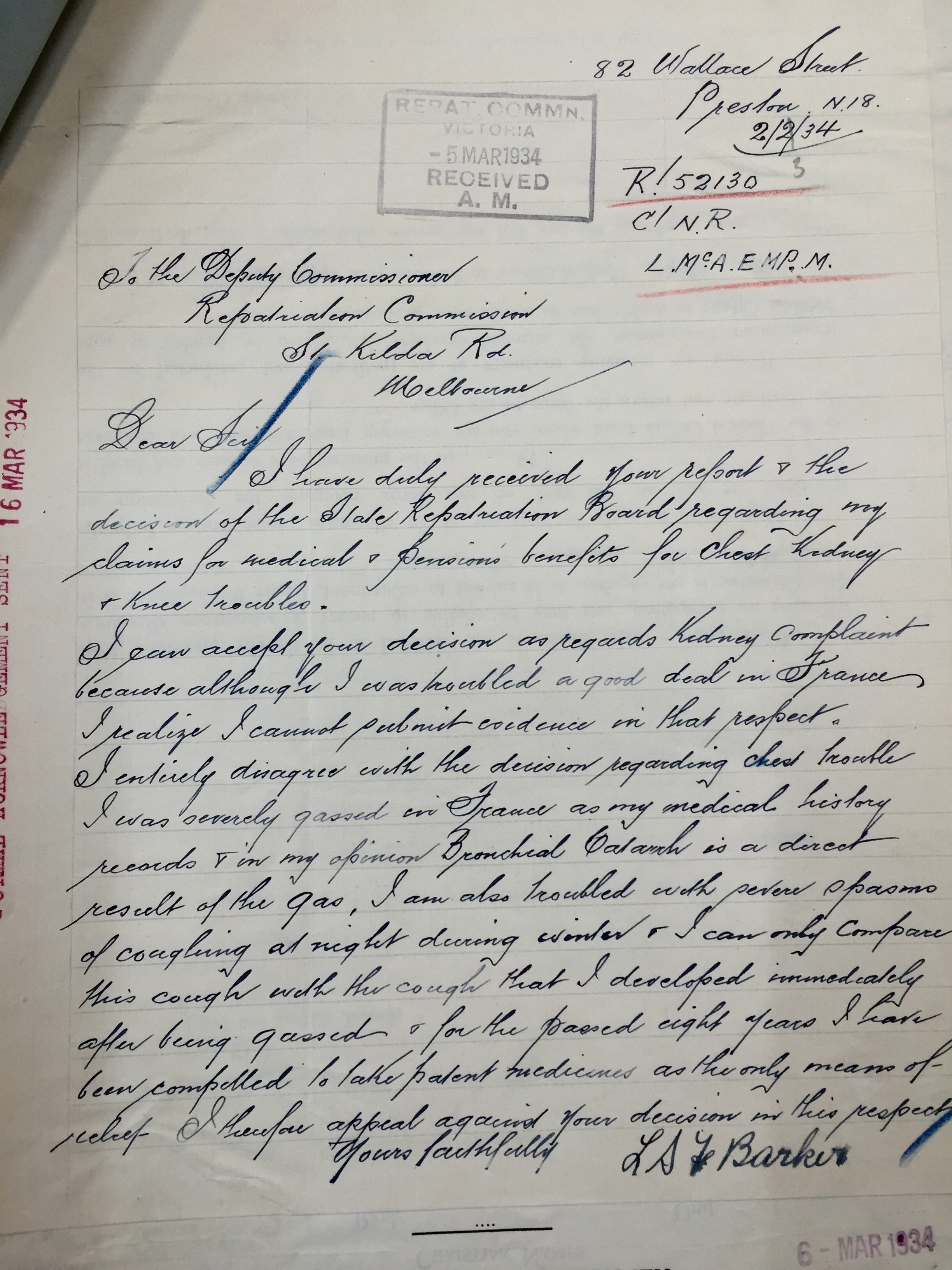 Letter written in copperplate handwriting requesting a review of the decision by the Repatriation Commission to refuse its author any compensation injuries resulting from his war service in WWI. It is signed LSF Barker